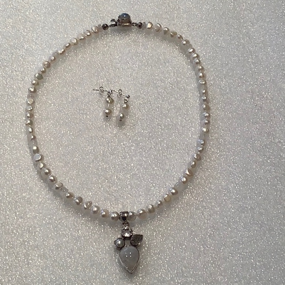 Pearl, Moonstone, Druzy Quartz, Cubic Zirconia, Labradorite Necklace, Earrings